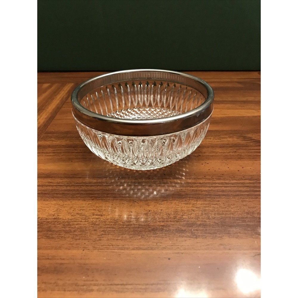 MCM pressed glass‎ 4 1/2 bowl with stainless trim